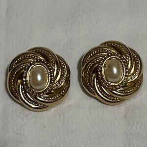 Vintage Gold Tone Braided Faux Pearl Clip=On Earrings